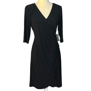 Emma & Michele Women's Black Dress Sheath Ruched 3/4 Sleeve V Neck Cocktail S‎